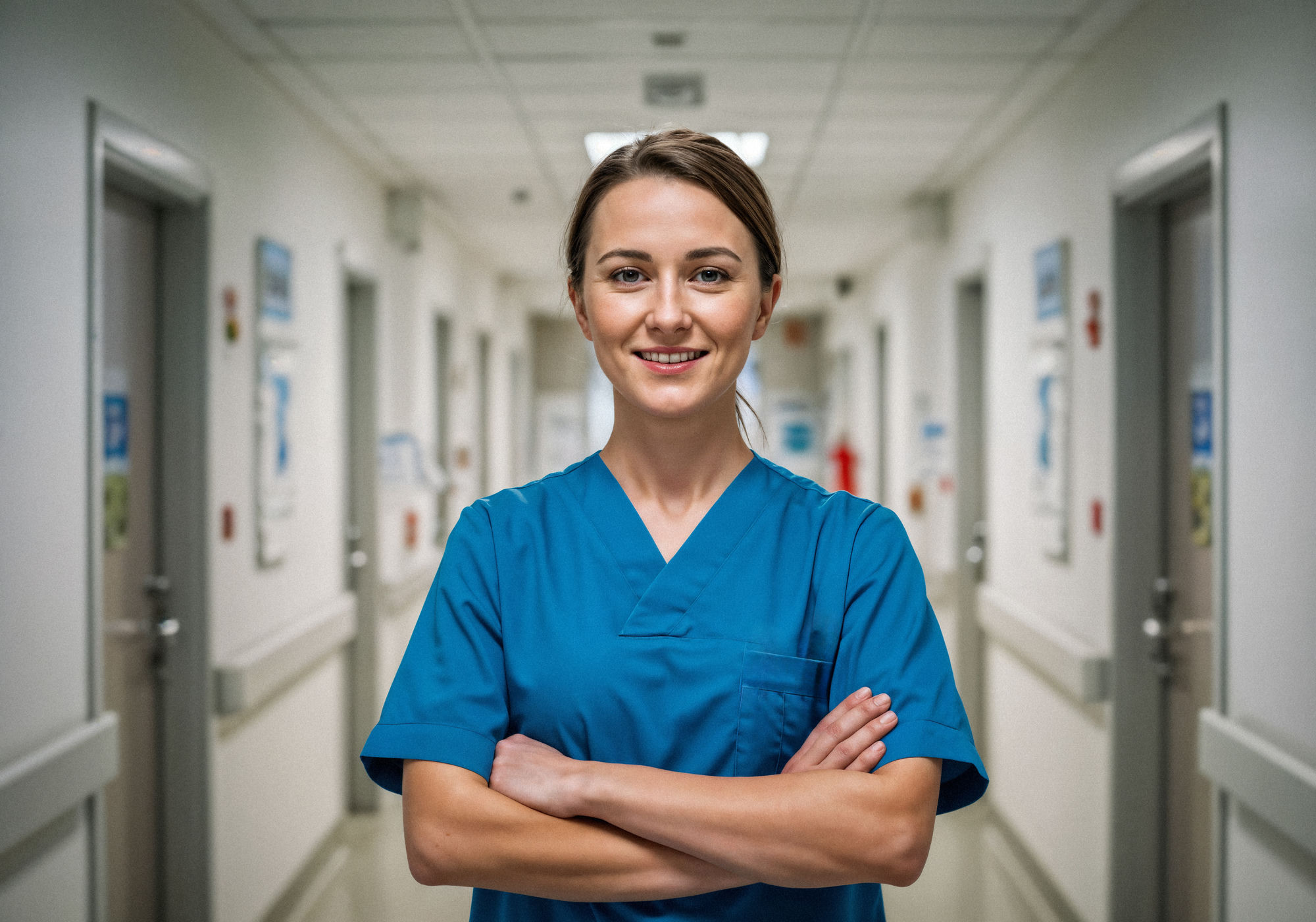 Enfermera sonriente con uniforme azul en pasillo de hospital